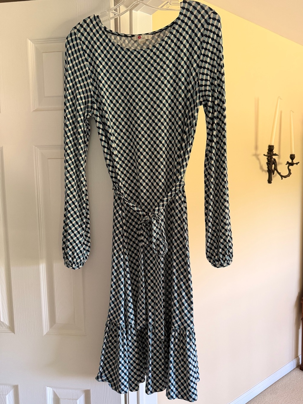 Boden Long Sleeve Geometric Wrap Dress in Navy and White